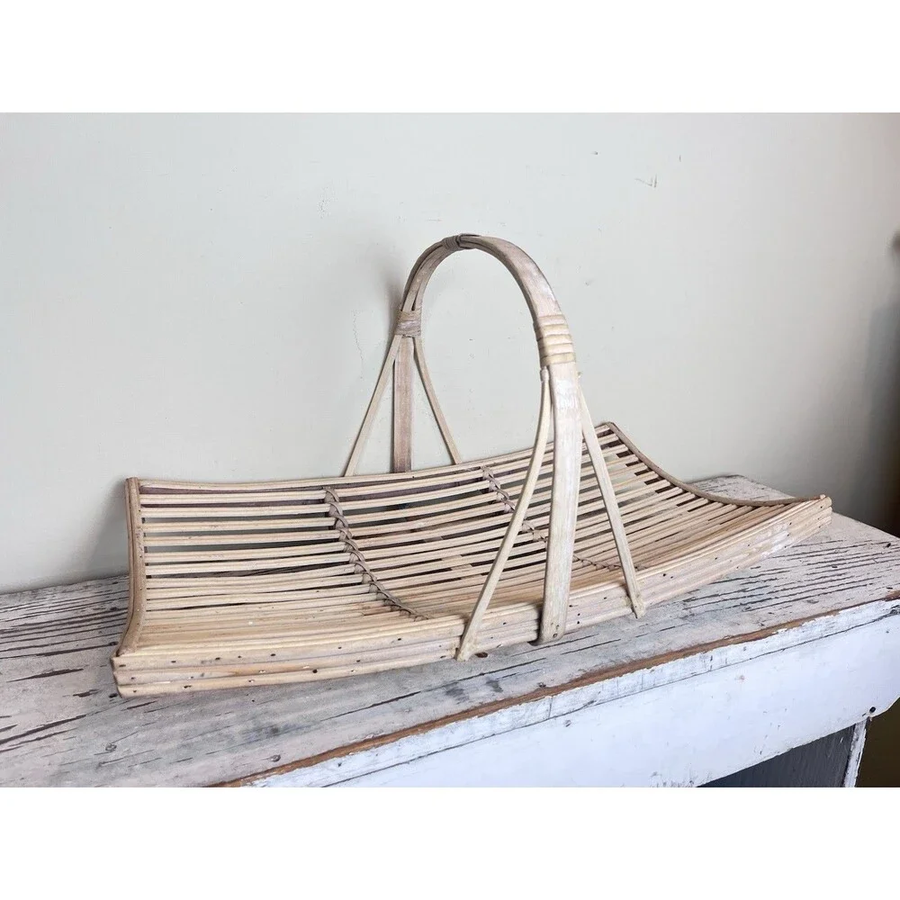 Vintage White Washed Bent Bamboo Garden Trug Handled Flower Basket 20”
